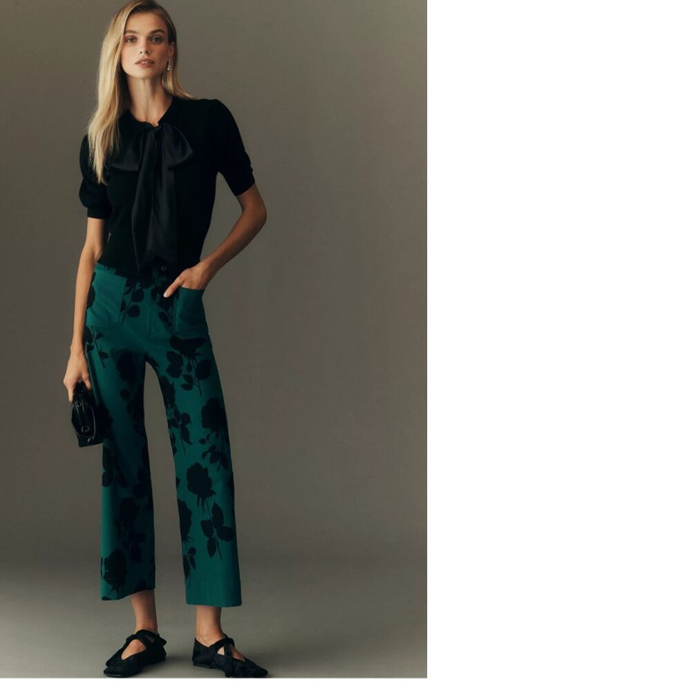 Anthropologie Teal Green Wide-Leg Floral Pants